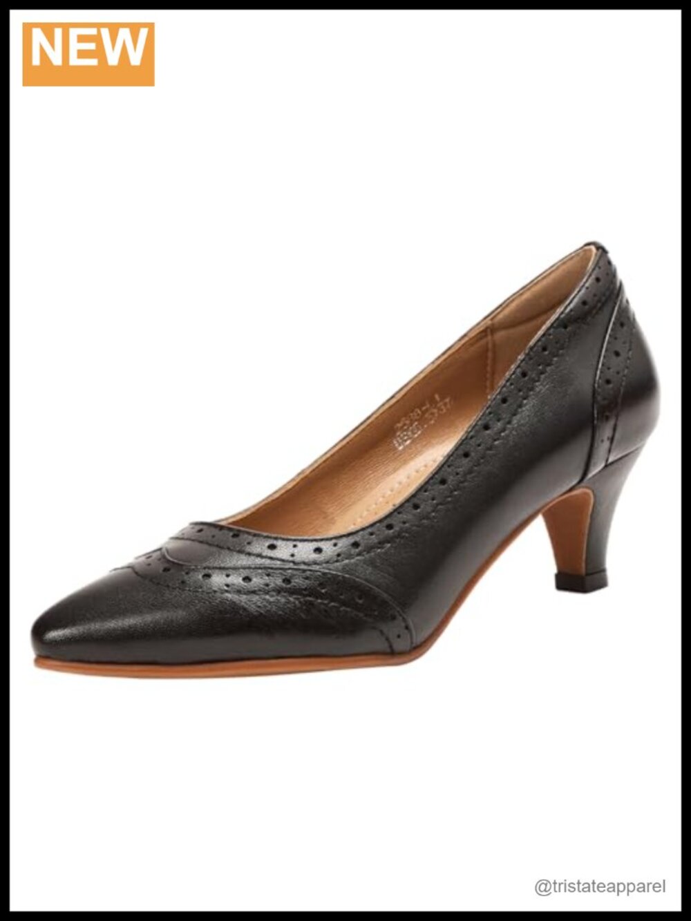 Womens Leather Pointed Toe Brogue Pump Kitten Heel Dress Shoe